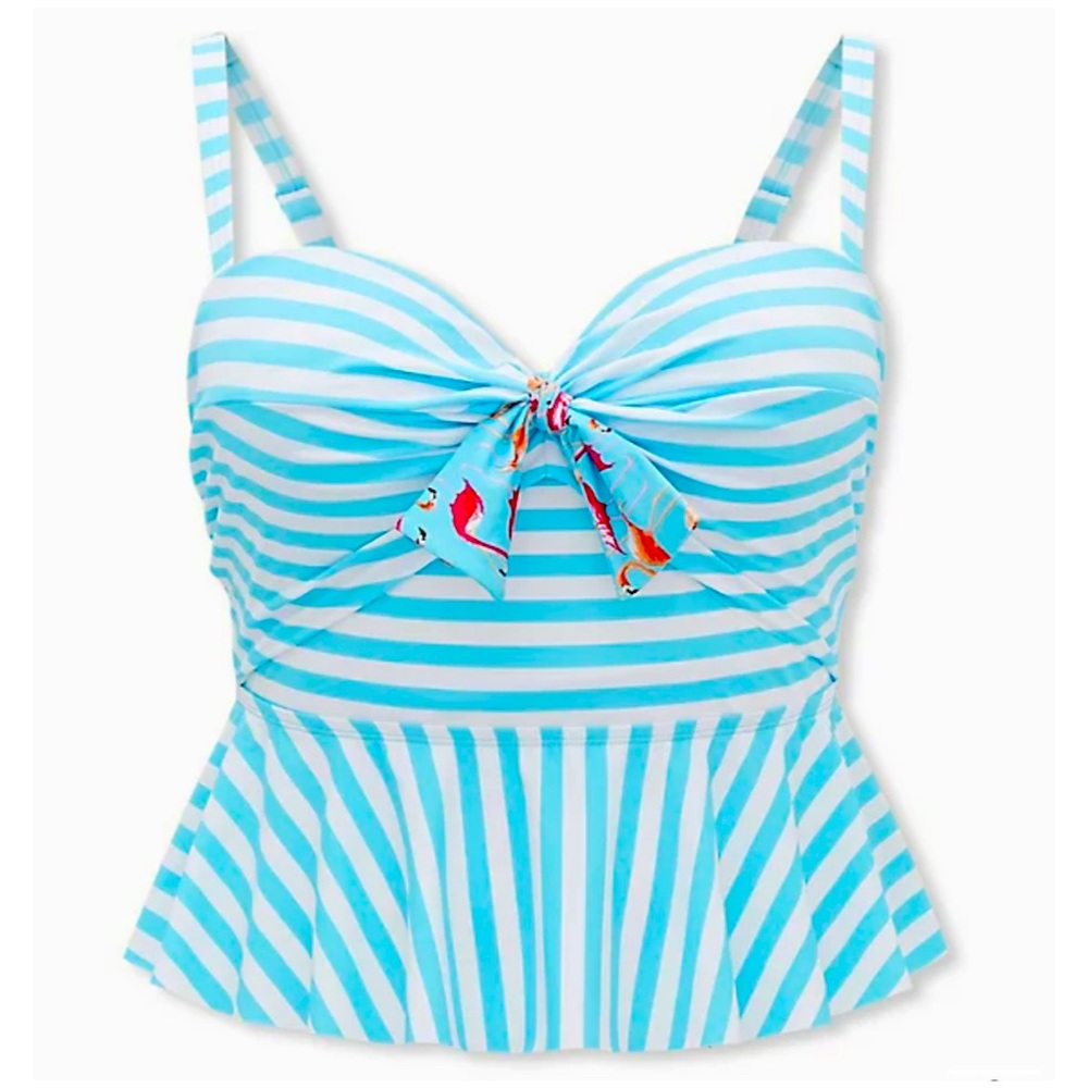 Torrid AQUA BLUE STRIPE TIE FRONT UNDERWIRE PEPLUM MIDKINI SWIM TOP size 00
